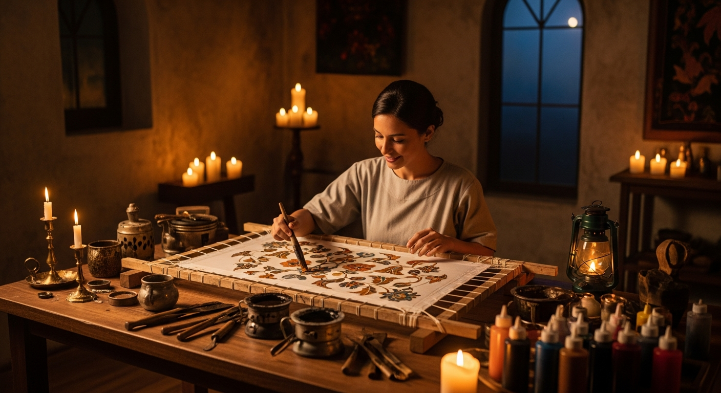 Женщина работает над батиком в мастерской