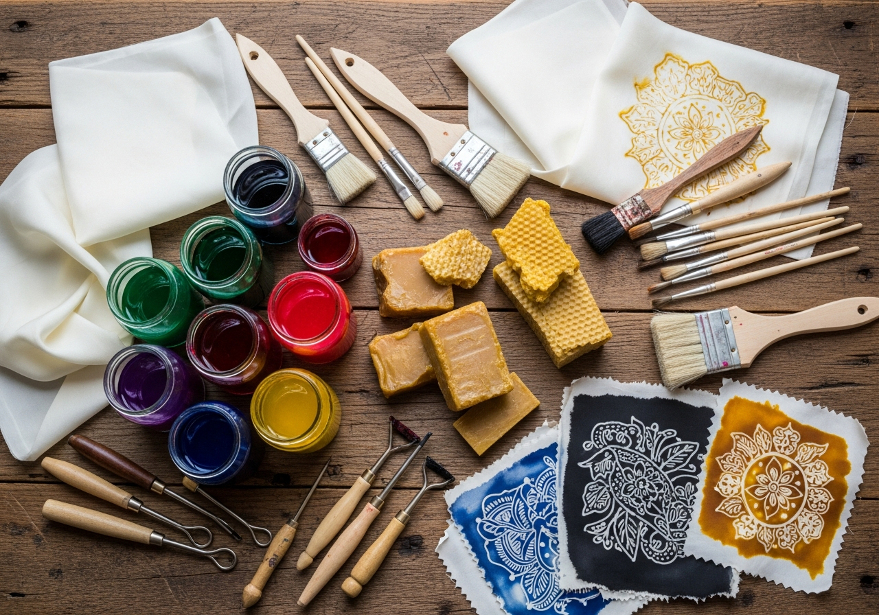 Материалы для батика — краски, воск, кисти