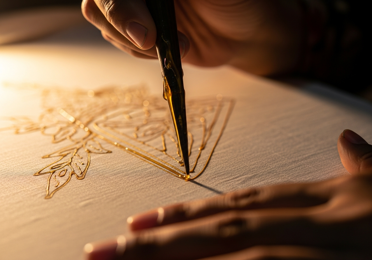 Процесс росписи батик — нанесение воска